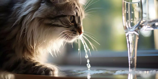 A house cat drinks from a unique water dispenser